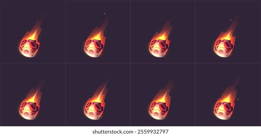 Burning asteroid animation sequence - blazing space rock with orange fire tail and glowing flames in eight frames on dark cosmic background. Sprite sheet for game development or space motion graphic.