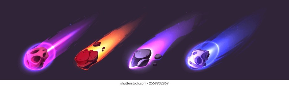 Burning asteroid and comet collection - celestial rocks with luminous trails in different colors, flaming meteors with glowing tails on dark background for space game visual effects or cosmic design.