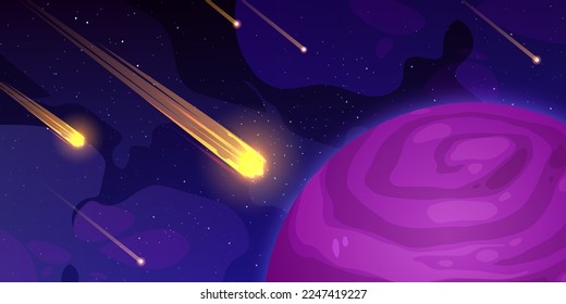 Burning asteroids flying in outer space to hit alien planet floating in dark sky. Cartoon vector illustration of rocky meteors in flame falling against cosmic background with many stars and satellites