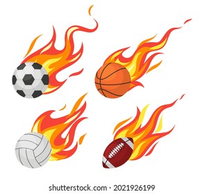 Burning balls. Football and volleyball, basketball and rugby flying sport fireball, game objects in flame, design elements set. Symbols speed. Logo template. Vector cartoon isolated concept