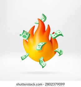 Burning banknotes in fire flame. 3d stock vector illustration of money inflation and bad financial investment. Economic crisis and loss of capital concept. Wealth destruction graphic.