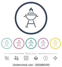 Burning barbecue grill flat color icons in round outlines. 6 bonus icons included.