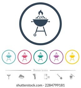 Burning barbecue grill flat color icons in round outlines. 6 bonus icons included.