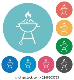 Burning Barbecue Grill Outline Flat White Icons On Round Color Backgrounds