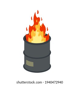 Burning barrel. Trash can and fire. The problem of urban Homelessness and poverty. Flat cartoon isolated on white