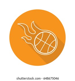 Burning basketball ball. Flat linear long shadow icon. Vector outline symbol