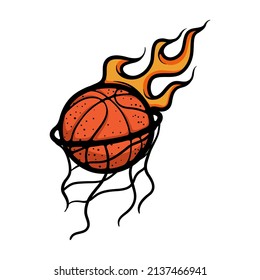 Burning basketball falling into a ring cartoon vector illustration
