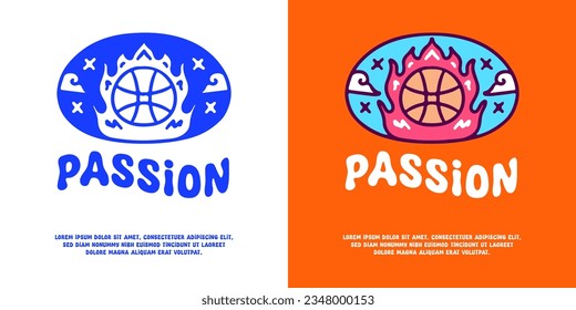 Burning basketball with passion typography, illustration for logo, t-shirt, sticker, or apparel merchandise. With doodle, retro, groovy, and cartoon style.