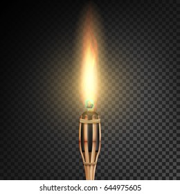 Burning Beach Bamboo Torch. Burning In The Dark Transparent Background Realistic Torch With Flame. Vector Illustration
