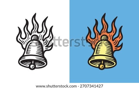 Burning bell with flames rising behind it, bold edgy design, fiery ringing symbol illustration.