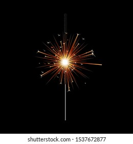 Burning Bengal sparkler with sparkly fire and gold stars, realistic festive stick glowing with orange flare for christmas, birthday and new years, vector illustration isolated on black background