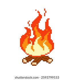 Burning big pixel bonfire. Fire has flared up with pixelated warm atmosphere of picnic and relaxation after hiking trip