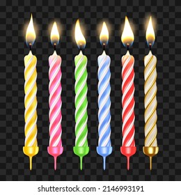 Burning Birth Cake Candles Multicolor Set Vector. Burn Festival Birthday Pie Candles. Cupcake Glowing Flame Decoration For Celebrating Anniversary Event Template Realistic 3d Illustrations