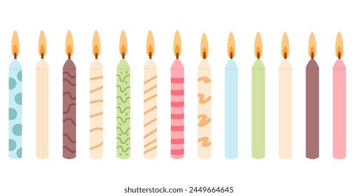 Burning birthday cake candles isolated on white background. Vector hand drawn flat illustration.