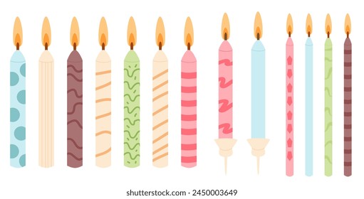 Quemando velas de torta de cumpleaños aisladas sobre fondo blanco. Varios Elementos de eventos de vacaciones de ornamento. Vector dibujado a mano ilustración plana.