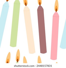 Burning birthday cake candles seamless pattern. Holiday endless background. Anniversary cover. Vector flat illustration.