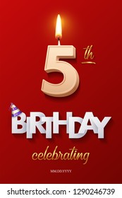 Burning Birthday candle in the form of number 5 figure and Happy Birthday celebrating text with party cane isolated on red background. Vector fifth Birthday invitation template