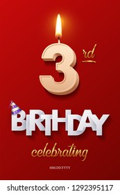 Burning Birthday candle in the form of number 3 figure and Happy Birthday celebrating text with party cane isolated on red background. Vector third Birthday invitation template