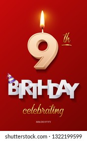 Burning Birthday candle in the form of number 9 figure and Happy Birthday celebrating text with party cane isolated on red background. Vector ninth Birthday invitation template