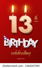 Burning Birthday candle in the form of number 10 figure and Happy Birthday celebrating text with party cane isolated on red background. Vector tenth Birthday invitation template.