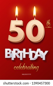 Burning Birthday candle in the form of number 50 figure and Happy Birthday celebrating text with party cane isolated on red background. Vector fiftieth Birthday invitation template