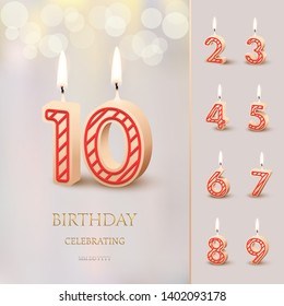 Burning Birthday candle in the form of number 10 figure and Happy Birthday celebrating text with numbers set isolated on blurred background. Vector Birthday invitation template