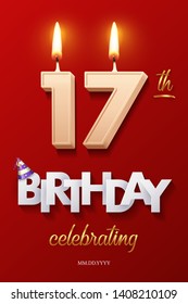 Burning Birthday candle in the form of number 17 figure and Happy Birthday celebrating text with party cane isolated on red background. Vector seventeenth Birthday invitation template