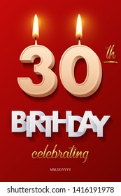Burning Birthday candle in the form of number 30 figure and Happy Birthday celebrating text with party cane isolated on red background. Vector thirtieth Birthday invitation template