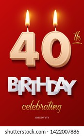 Burning Birthday candle in the form of number 40 figure and Happy Birthday celebrating text with party cane isolated on red background. Vector fortieth Birthday invitation template