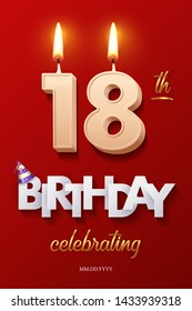 Burning Birthday candle in the form of number 18 figure and Happy Birthday celebrating text with party cap isolated on red background. Vector eighteenth Birthday invitation template