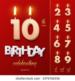 Burning Birthday candle in the form of number 10 figure and Happy Birthday celebrating text with numbers set isolated on red background. Vector Birthday invitation template