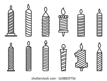 Burning birthday candle icons set. Outline set of burning birthday candle vector icons for web design isolated on white background