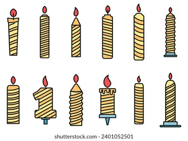 Burning birthday candle icons set. Outline set of burning birthday candle vector icons thin line color flat on white