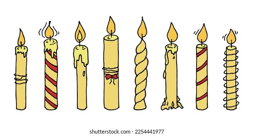 Burning birthday candle set. Doodle illustration. Hand drawn clipart for card, logo, design