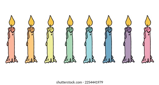 Burning birthday candle set. Doodle illustration. Hand drawn clipart for card, logo, design