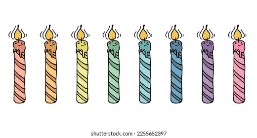 Burning birthday candle set. Doodle illustration. Hand drawn clipart for card, logo, design