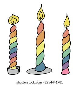 Burning birthday candle set. Single doodle illustration. Hand drawn clipart for card, logo, design