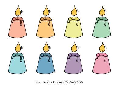 Burning birthday candle set. Single doodle illustration. Hand drawn clipart for card, logo, design