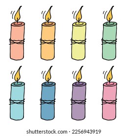 Burning birthday candle set. Single doodle illustration. Hand drawn clipart for card, logo, design