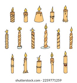 Burning birthday candle set. Single doodle illustration. Hand drawn clipart for card, logo, design