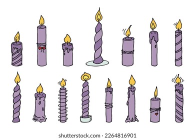 Burning birthday candle set. Single doodle illustration. Hand drawn clipart for card, logo, design