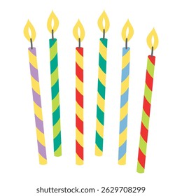 Burning birthday candles, cake decoration hand drawn illustration, isolated vector on transparent. Flat style design. Birthday celebration, festival, carnival, party, anniversary clip art, element