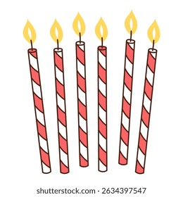 Burning birthday candles, cake decoration hand drawn illustration, isolated vector on transparent. Line drawing design. Birthday celebration, festival, carnival, party, anniversary clip art, element
