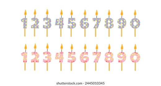 Burning Birthday Candles. Festive and color decor. Colored numbers with pattern. Design of greeting cards, banners, posters. Vector flat illustration.