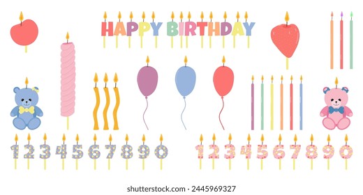 Burning Birthday Candles. Festive and color decor. Design of greeting cards, banners, posters. Vector flat illustration.