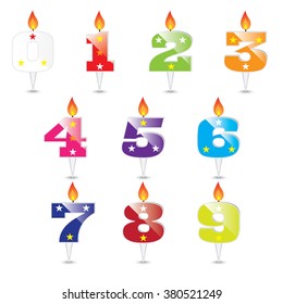 Burning birthday candles numbers isolated on white background