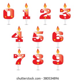 Burning birthday candles numbers isolated on white background