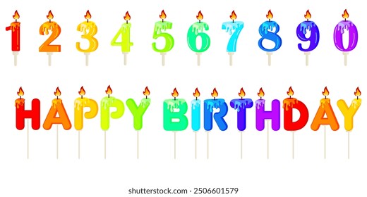 Burning birthday candles in rainbow colors, number and letter candles isolated on white. EPS10 vector illustration.