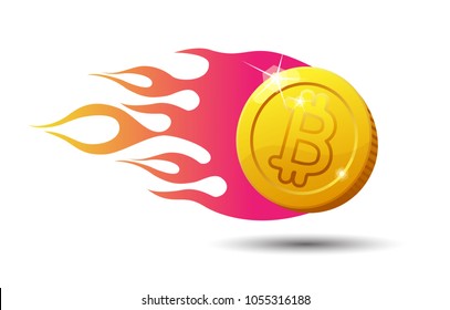 Burning Bitcoin sign isolated on white background. Vector illustration art Finance. Realistic 3d golden coins with bitcoin sign. Digital currency or cryptocurrency for electronic payments. Blockchain