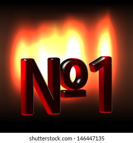 Burning black glossy Number 1 letters over flames of fire